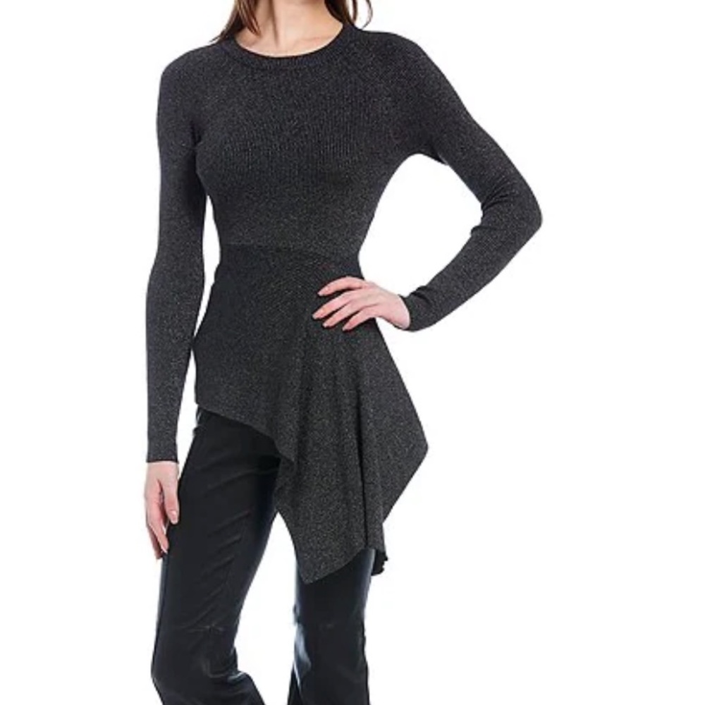 NWT Antonio Melani Metallic Knit Asymmetrical Hem Long Sleeve Black/Gold Size S